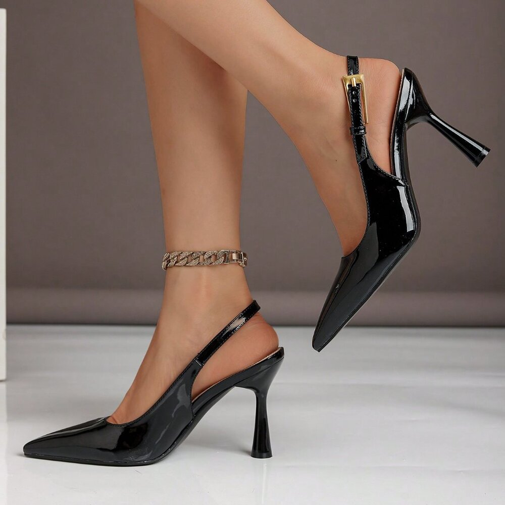 Black Elegant Women's Pointed Toe Lacquered Slingback High Heel - Picture 3 of 6